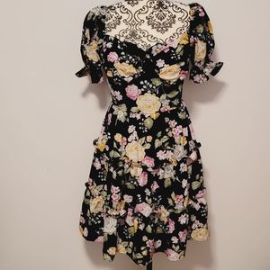 Black Floral Midi Dress | Lace Up back